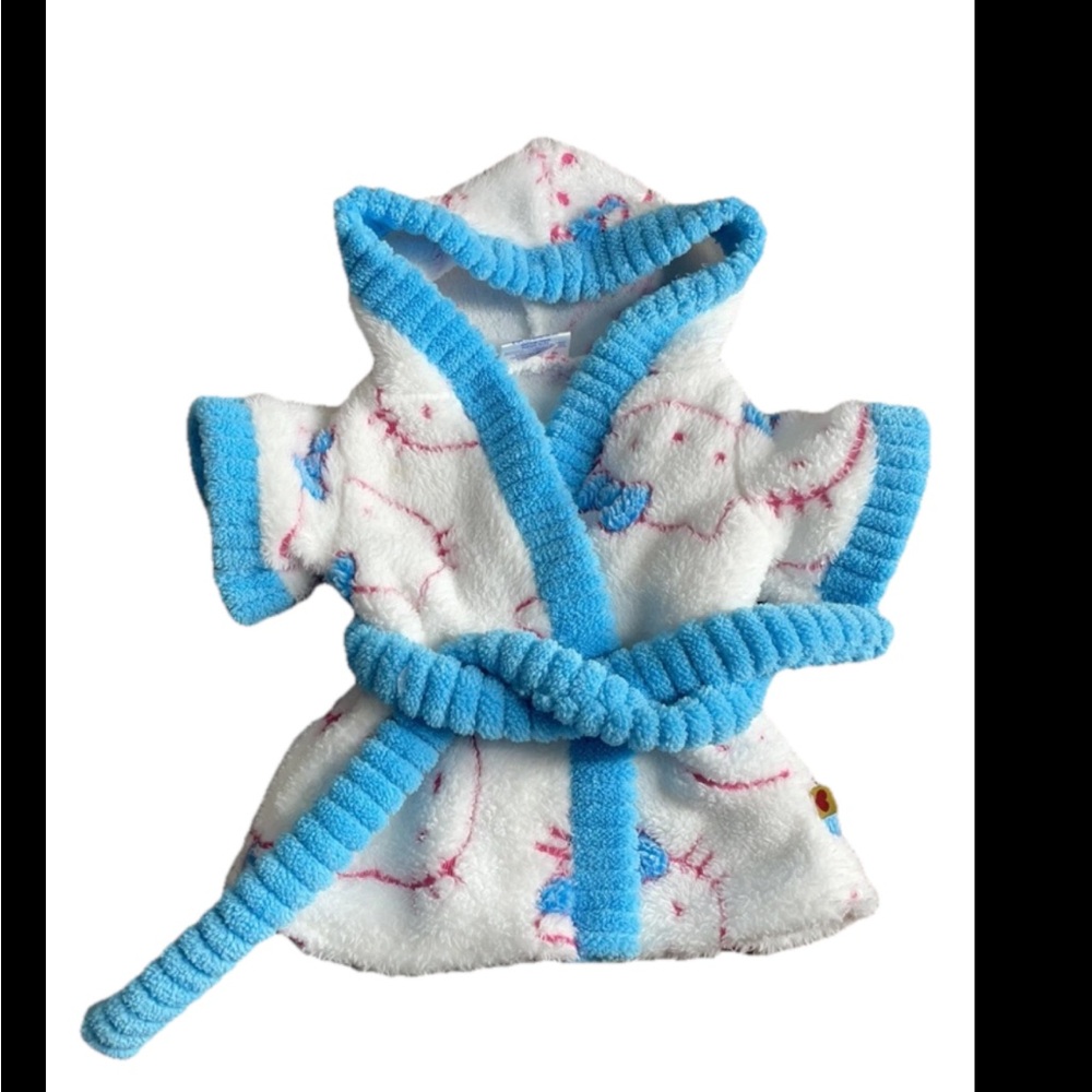 Vintage Build a Bear Hello Kitty Bathrobe Fuzzy White, Blue Belt Sanrio RARE HTF
